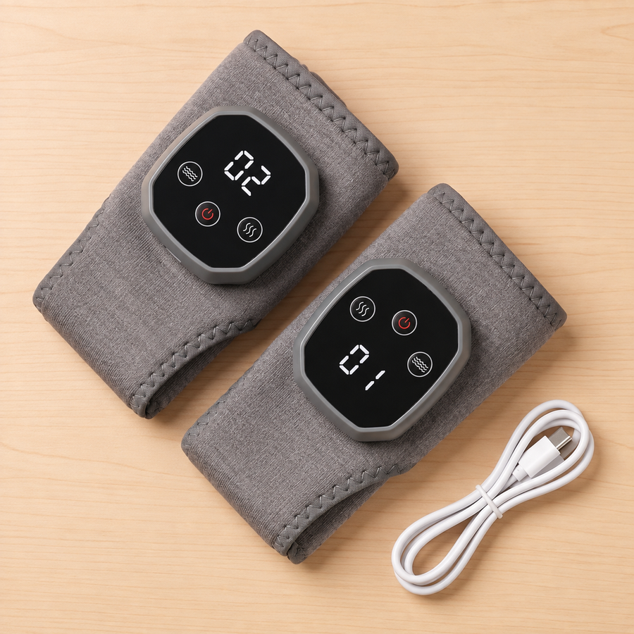 Two gray heat and vibration wraps with a white charging cable on a light wood surface.