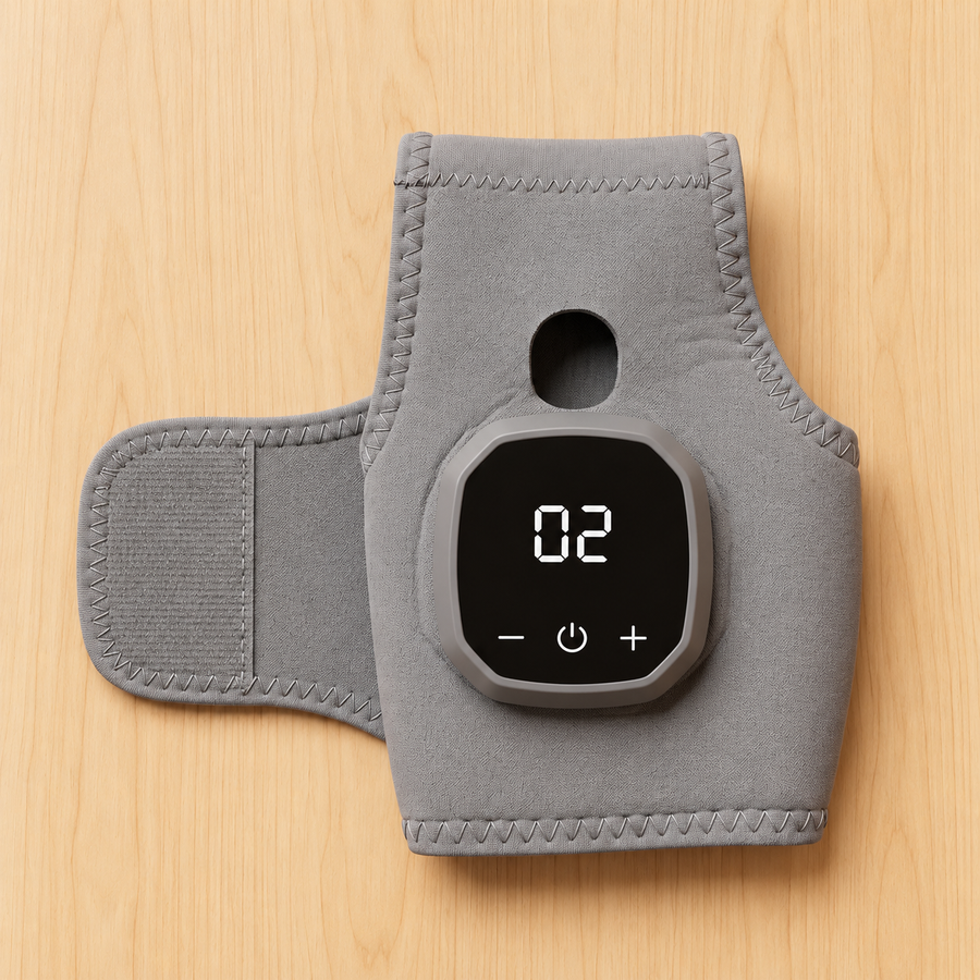 The gray wrap laid flat on a wooden surface, showing the touch panel with display, the opening and the Velcro closure.