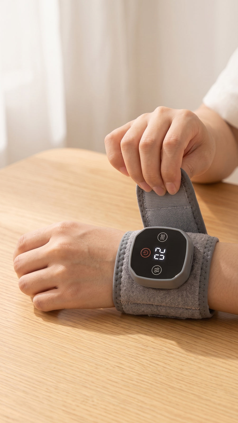 Hands fastening the gray wrap and tapping its touch panel.
